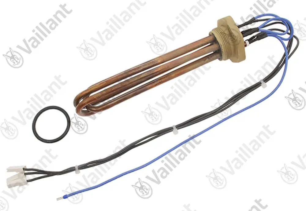 Vaillant Heizstab mit mehreren elektrischen Anschlüssen und einem O-Ring, geeignet für Heizungsanwendungen. Kabel sind im Bild sichtbar.
